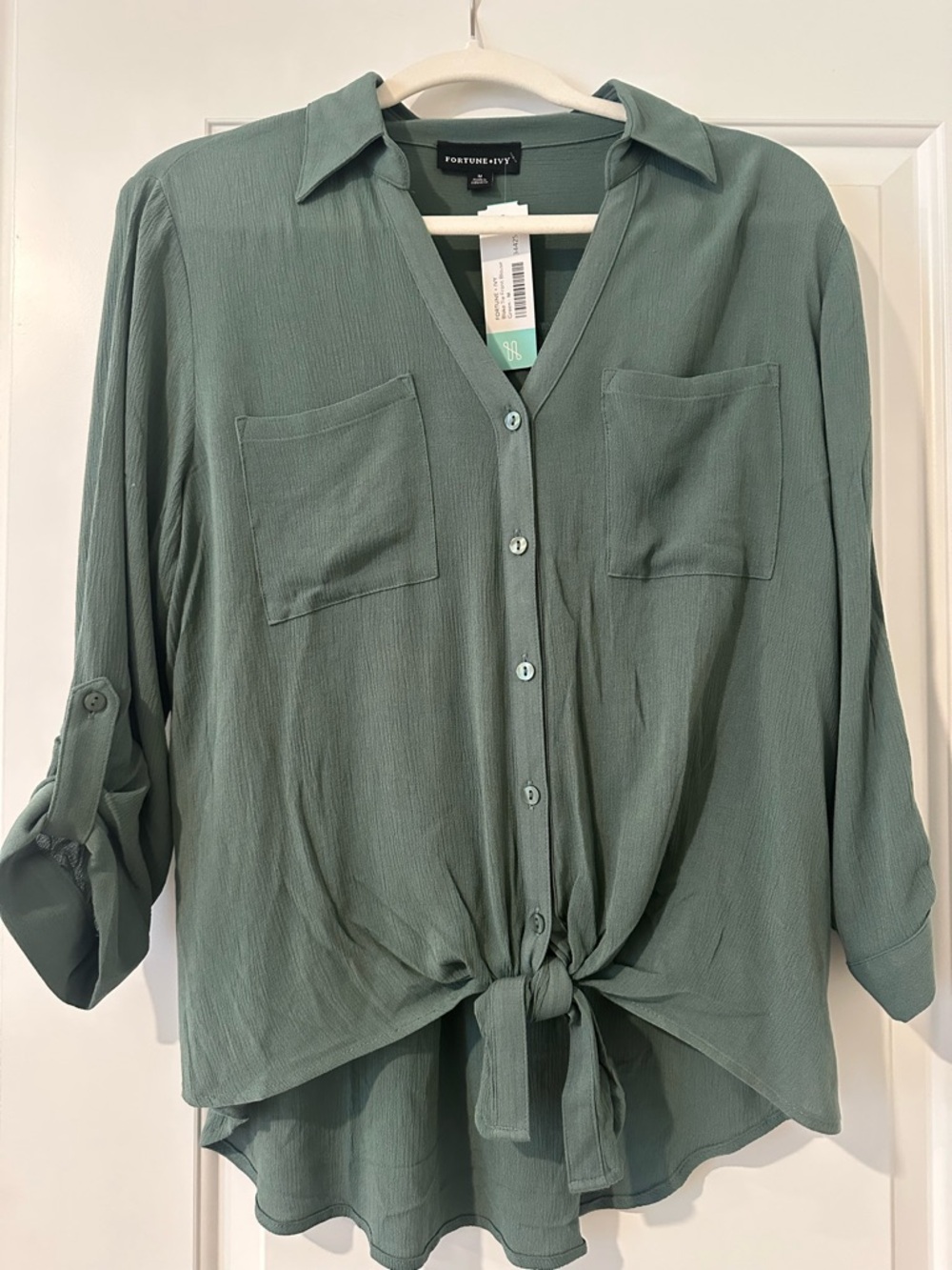 New! Button-Front Tie Hem Blouse in Sage Green - Picture 3 of 4